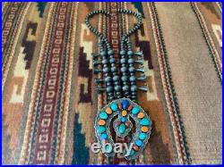 Vintage Native American Navajo Sterling Squash Blossom Necklace Sighned R BRD