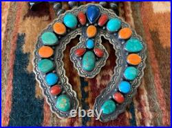 Vintage Native American Navajo Sterling Squash Blossom Necklace Sighned R BRD