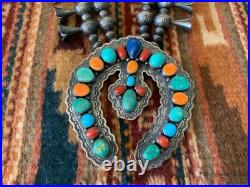 Vintage Native American Navajo Sterling Squash Blossom Necklace Sighned R BRD