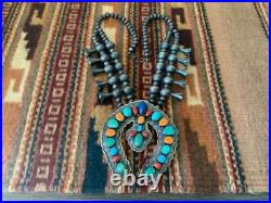 Vintage Native American Navajo Sterling Squash Blossom Necklace Sighned R BRD