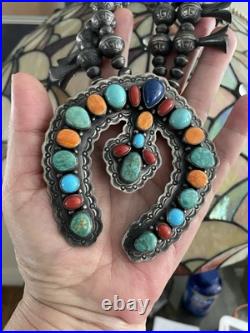 Vintage Native American Navajo Sterling Squash Blossom Necklace Sighned R BRD