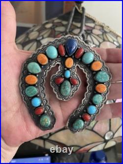 Vintage Native American Navajo Sterling Squash Blossom Necklace Sighned R BRD