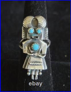 Vintage Native American Navajo Sterling Turquoise Kachina Ring Signed 7.5