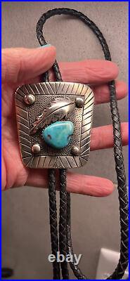 Vintage Native American Navajo Sterling Turquoise & Leather Bolo Tie, 42 In