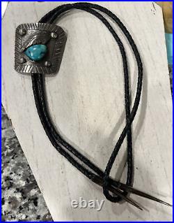 Vintage Native American Navajo Sterling Turquoise & Leather Bolo Tie, 42 In