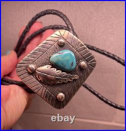 Vintage Native American Navajo Sterling Turquoise & Leather Bolo Tie, 42 In