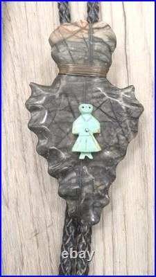 Vintage Native American Navajo Stone Axe Head Arrow W Turquoise Bolo Tie