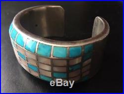 Vintage Native American Navajo Turquoise Abalone Sterling Silver Cuff Bracelet