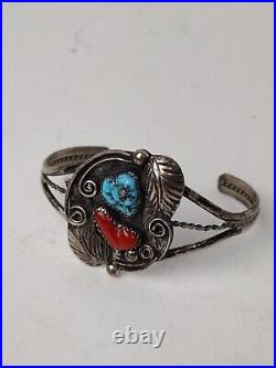 Vintage Native American Navajo Turquoise Coral Silver Cuff Bracelet