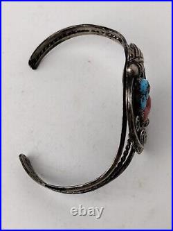 Vintage Native American Navajo Turquoise Coral Silver Cuff Bracelet