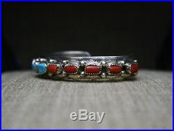 Vintage Native American Navajo Turquoise Coral Sterling Cuff Bracelet Large Size