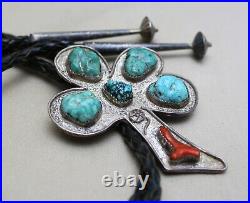 Vintage Native American Navajo Turquoise Coral Sterling Silver Bolo Tie