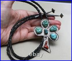 Vintage Native American Navajo Turquoise Coral Sterling Silver Bolo Tie