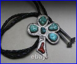 Vintage Native American Navajo Turquoise Coral Sterling Silver Bolo Tie