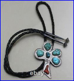 Vintage Native American Navajo Turquoise Coral Sterling Silver Bolo Tie