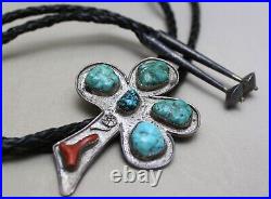 Vintage Native American Navajo Turquoise Coral Sterling Silver Bolo Tie