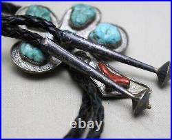 Vintage Native American Navajo Turquoise Coral Sterling Silver Bolo Tie