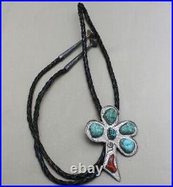 Vintage Native American Navajo Turquoise Coral Sterling Silver Bolo Tie