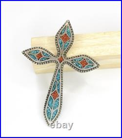 Vintage Native American Navajo Turquoise Coral Sterling Silver Cross Pendant 23g
