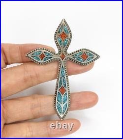 Vintage Native American Navajo Turquoise Coral Sterling Silver Cross Pendant 23g