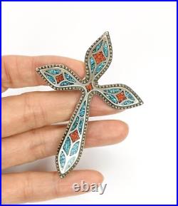 Vintage Native American Navajo Turquoise Coral Sterling Silver Cross Pendant 23g