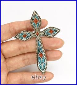 Vintage Native American Navajo Turquoise Coral Sterling Silver Cross Pendant 23g