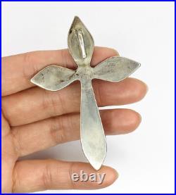 Vintage Native American Navajo Turquoise Coral Sterling Silver Cross Pendant 23g
