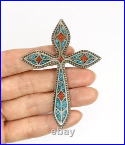 Vintage Native American Navajo Turquoise Coral Sterling Silver Cross Pendant 23g