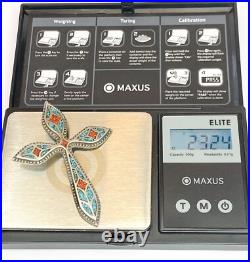 Vintage Native American Navajo Turquoise Coral Sterling Silver Cross Pendant 23g