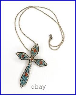 Vintage Native American Navajo Turquoise Coral Sterling Silver Cross Pendant 23g