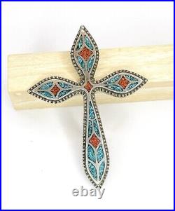 Vintage Native American Navajo Turquoise Coral Sterling Silver Cross Pendant 23g