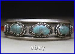 Vintage Native American Navajo Turquoise Coral Sterling Silver Cuff Bracelet