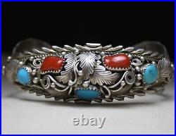 Vintage Native American Navajo Turquoise Coral Sterling Silver Cuff Bracelet