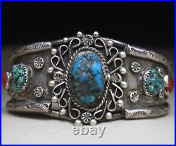 Vintage Native American Navajo Turquoise Coral Sterling Silver Cuff Bracelet