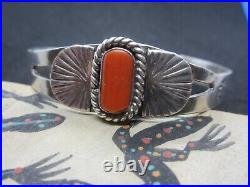 Vintage Native American Navajo Turquoise Coral Sterling Silver Cuff Bracelet