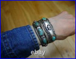 Vintage Native American Navajo Turquoise Coral Sterling Silver Cuff Bracelet