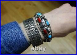 Vintage Native American Navajo Turquoise Coral Sterling Silver Cuff Bracelet