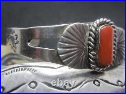 Vintage Native American Navajo Turquoise Coral Sterling Silver Cuff Bracelet