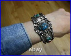 Vintage Native American Navajo Turquoise Coral Sterling Silver Cuff Bracelet