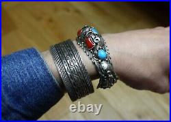 Vintage Native American Navajo Turquoise Coral Sterling Silver Cuff Bracelet