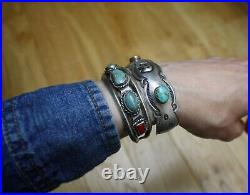 Vintage Native American Navajo Turquoise Coral Sterling Silver Cuff Bracelet