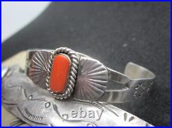 Vintage Native American Navajo Turquoise Coral Sterling Silver Cuff Bracelet