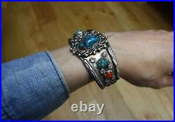 Vintage Native American Navajo Turquoise Coral Sterling Silver Cuff Bracelet