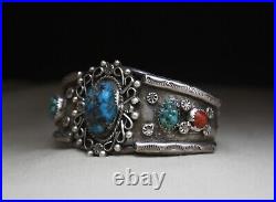 Vintage Native American Navajo Turquoise Coral Sterling Silver Cuff Bracelet