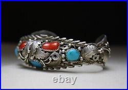 Vintage Native American Navajo Turquoise Coral Sterling Silver Cuff Bracelet