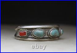 Vintage Native American Navajo Turquoise Coral Sterling Silver Cuff Bracelet