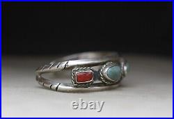 Vintage Native American Navajo Turquoise Coral Sterling Silver Cuff Bracelet