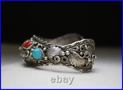 Vintage Native American Navajo Turquoise Coral Sterling Silver Cuff Bracelet