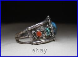 Vintage Native American Navajo Turquoise Coral Sterling Silver Cuff Bracelet