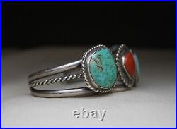 Vintage Native American Navajo Turquoise Coral Sterling Silver Cuff Bracelet